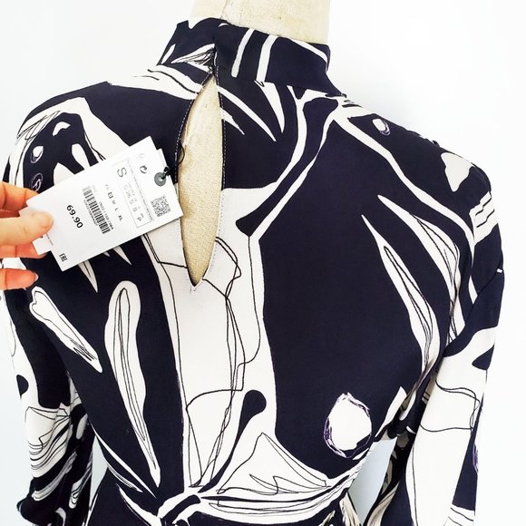 ZARA Womens Abstract Printed Cut-out Midriff Midi Dress Navy/Off-White S NWT - Picture 11 of 14